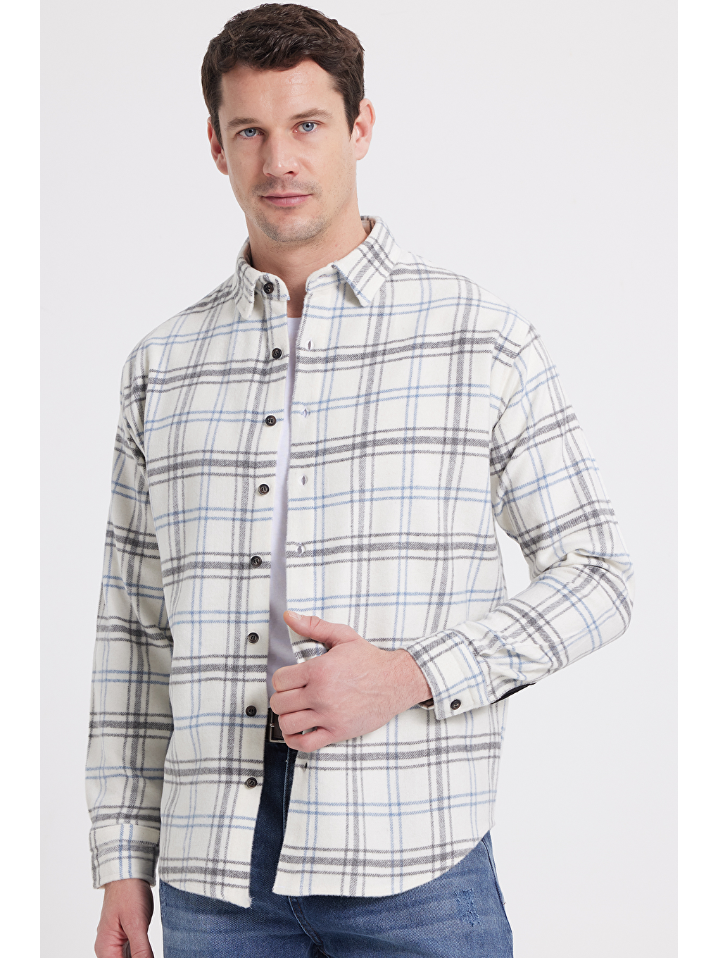 Ekru Erkek Relax Fit Rahat Kesim Kışlık Kareli Oduncu Gömlek