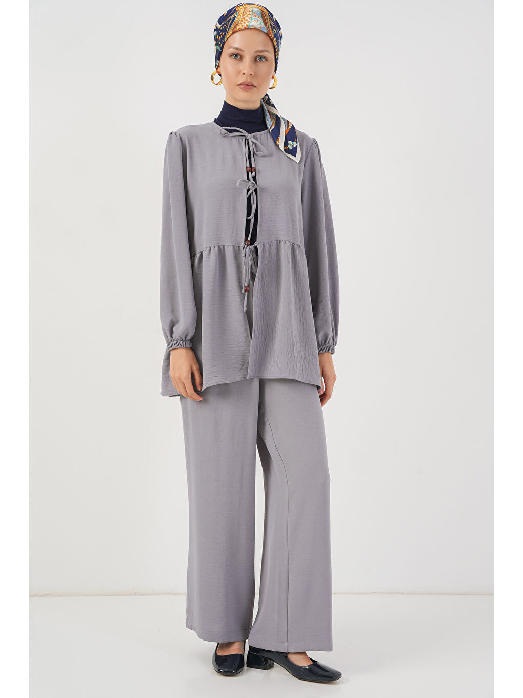 Kadın Önü Bağcıklı Tunik Pantolon İkili Takım 6744 - Gri