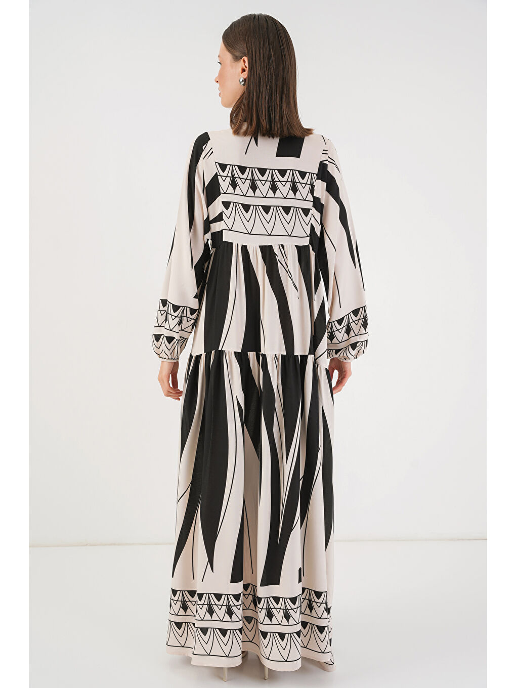 Kadın Desenli Uzun Tesettür Elbise 2585 - F. Siyah-5