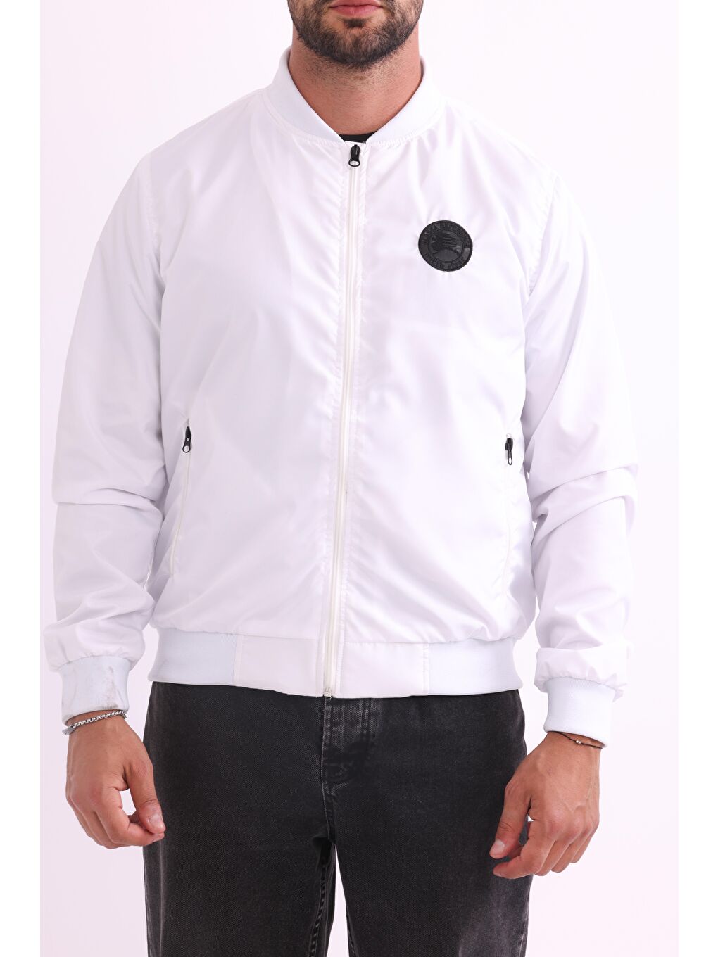 Beyaz Erkek Kolej Yaka Rüzgara Dayanıklı Mevsimlik Spor Mont M-6-2-4