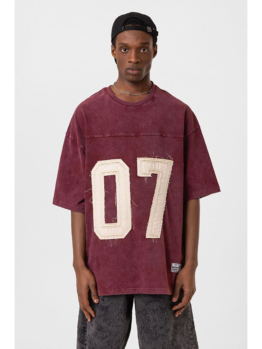 Yıkamalı Baskılı Oversize Tişört Koyu Kırmızı-2