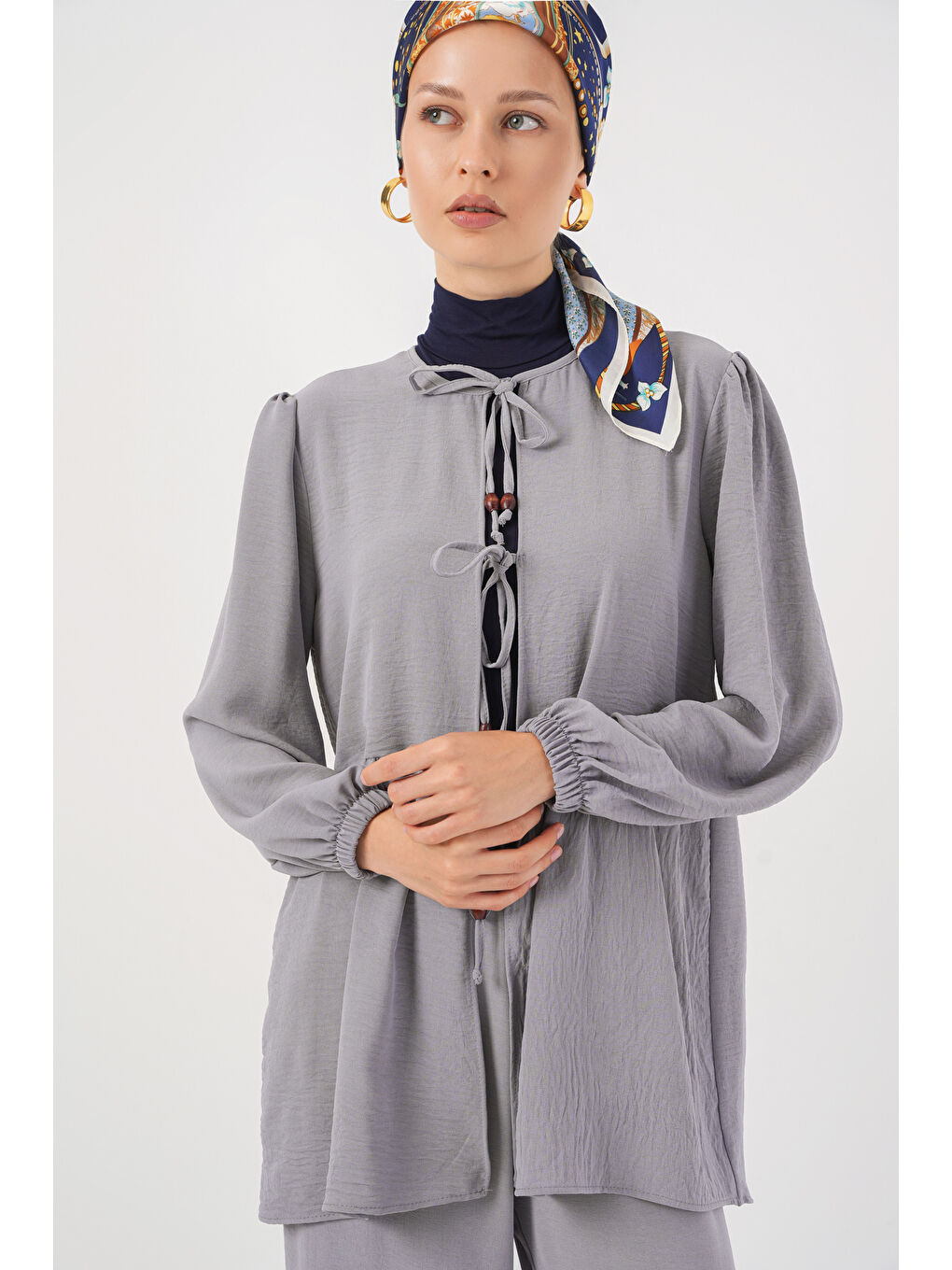 Kadın Önü Bağcıklı Tunik Pantolon İkili Takım 6744 - Gri-1