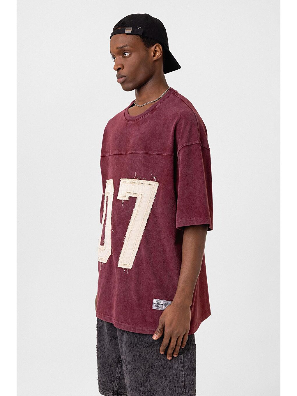 Yıkamalı Baskılı Oversize Tişört Koyu Kırmızı-3