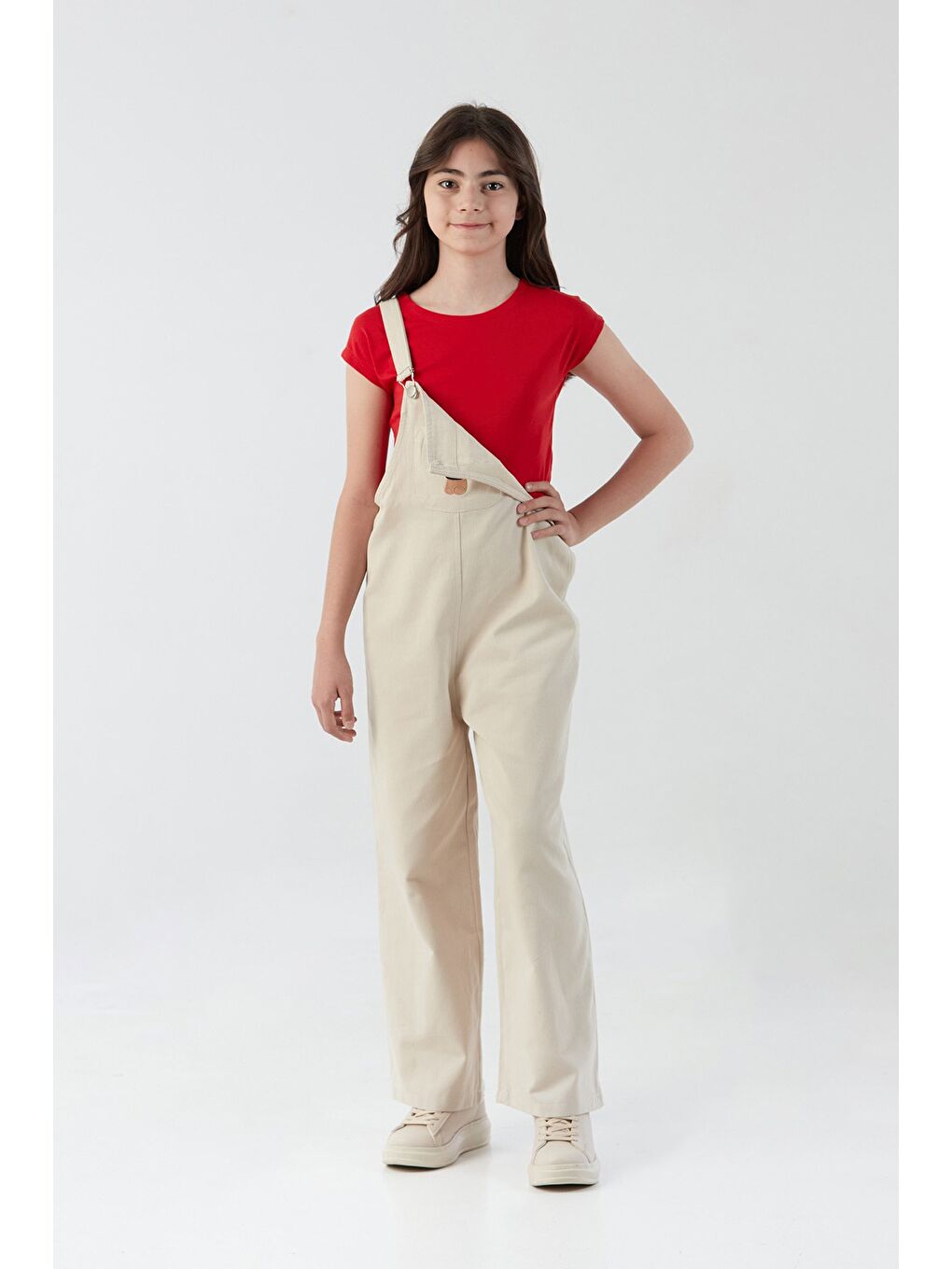 Bej Ayıcık Nakışlı Cep Detaylı Kız Çocuk Tulum-2