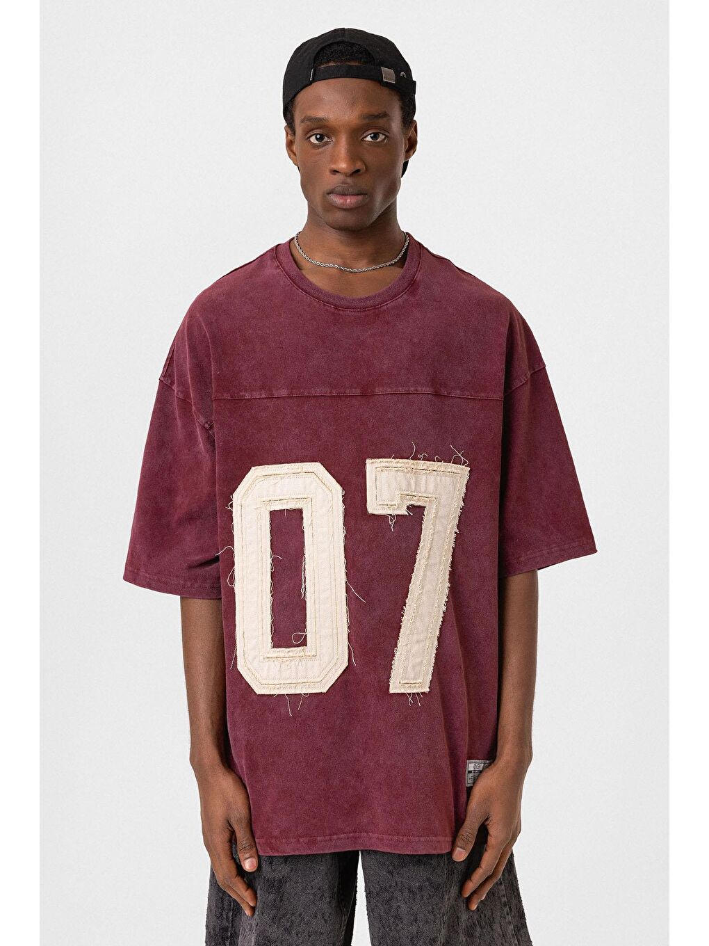 Yıkamalı Baskılı Oversize Tişört Koyu Kırmızı-4