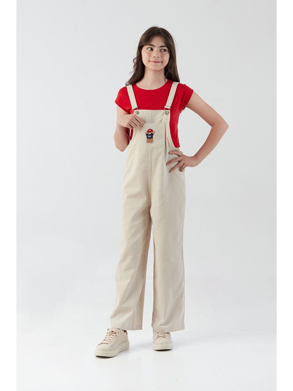 Bej Ayıcık Nakışlı Cep Detaylı Kız Çocuk Tulum-3