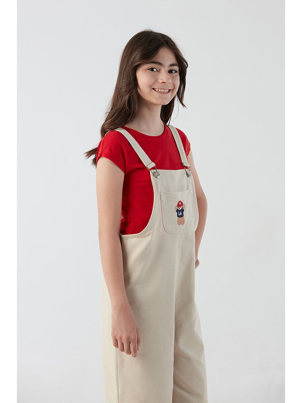 Bej Ayıcık Nakışlı Cep Detaylı Kız Çocuk Tulum-4