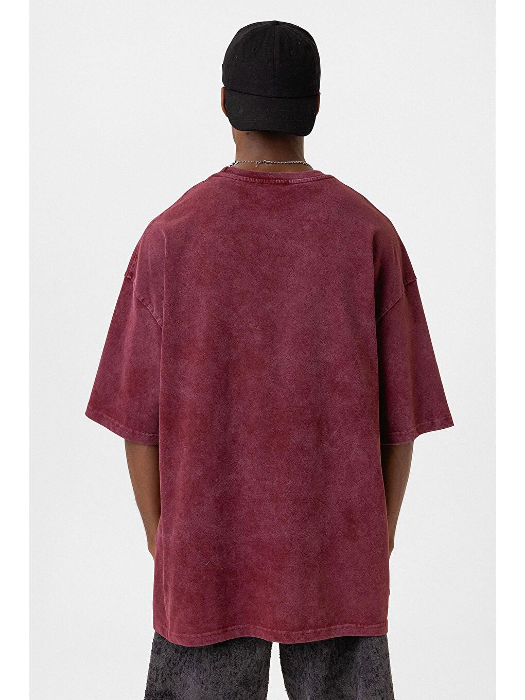 Yıkamalı Baskılı Oversize Tişört Koyu Kırmızı-5