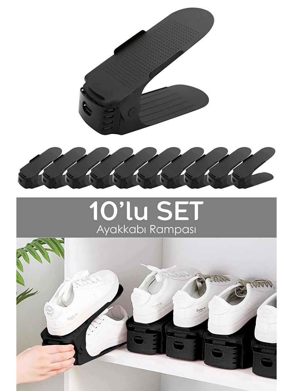 Siyah 10'lu Tekli Ayarlanabilir Ayakkabı Rampası Dolap İçi Ayakkabı Düzenleyici Organizer