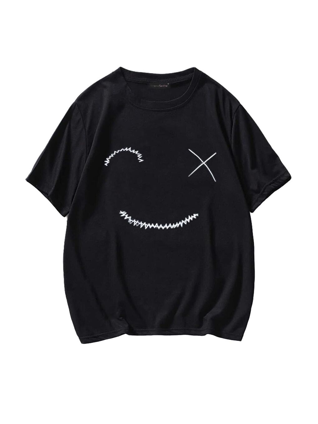 Oversize Gülen Yüz Baskılı Siyah Tişört