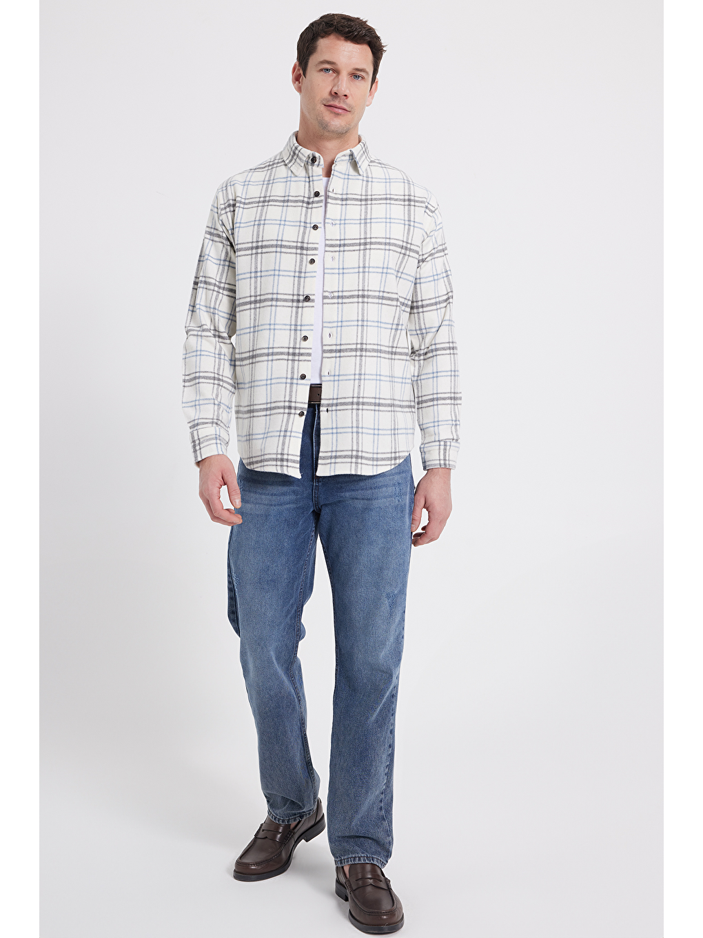 Ekru Erkek Relax Fit Rahat Kesim Kışlık Kareli Oduncu Gömlek-1