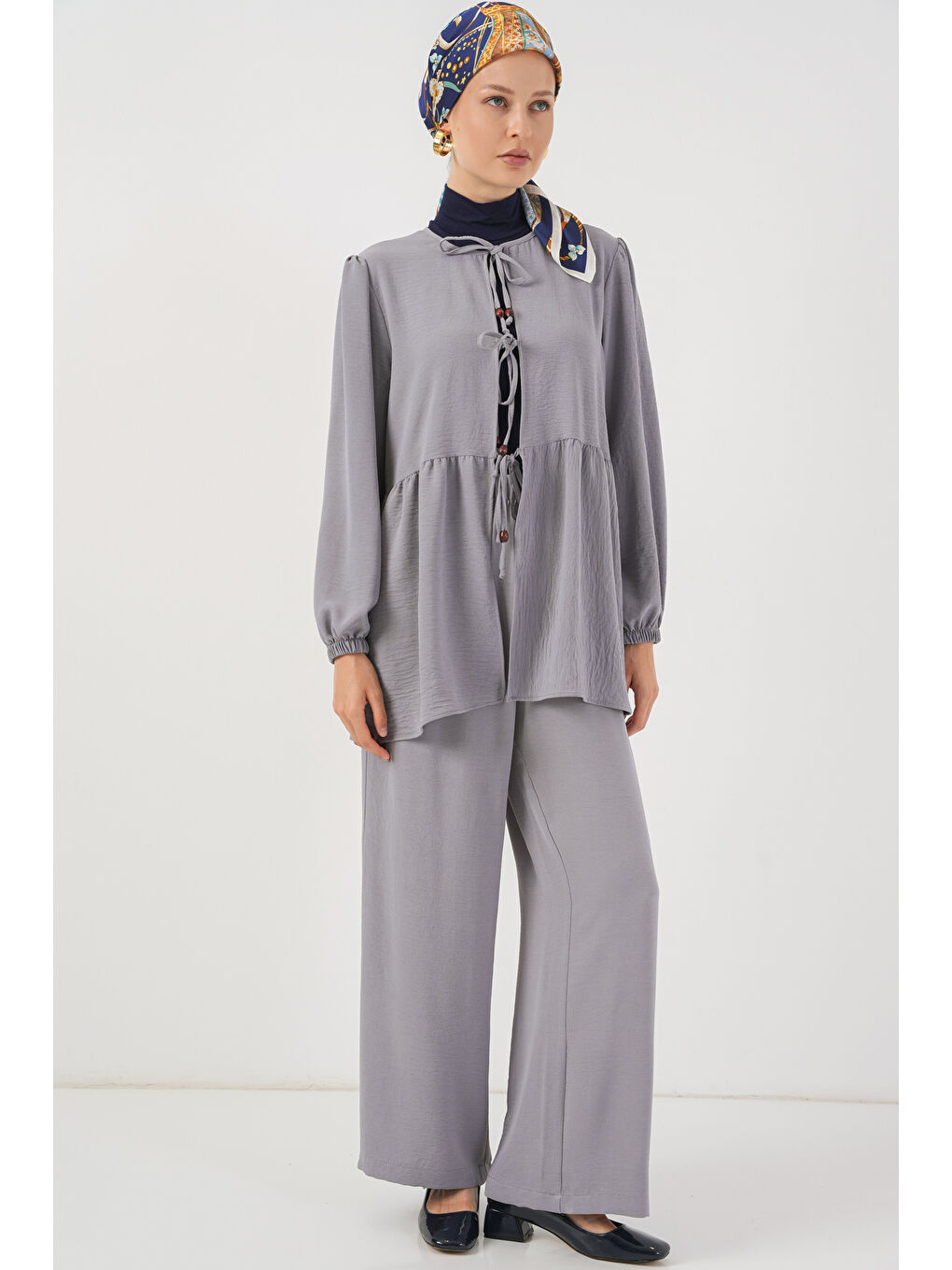 Kadın Önü Bağcıklı Tunik Pantolon İkili Takım 6744 - Gri-2