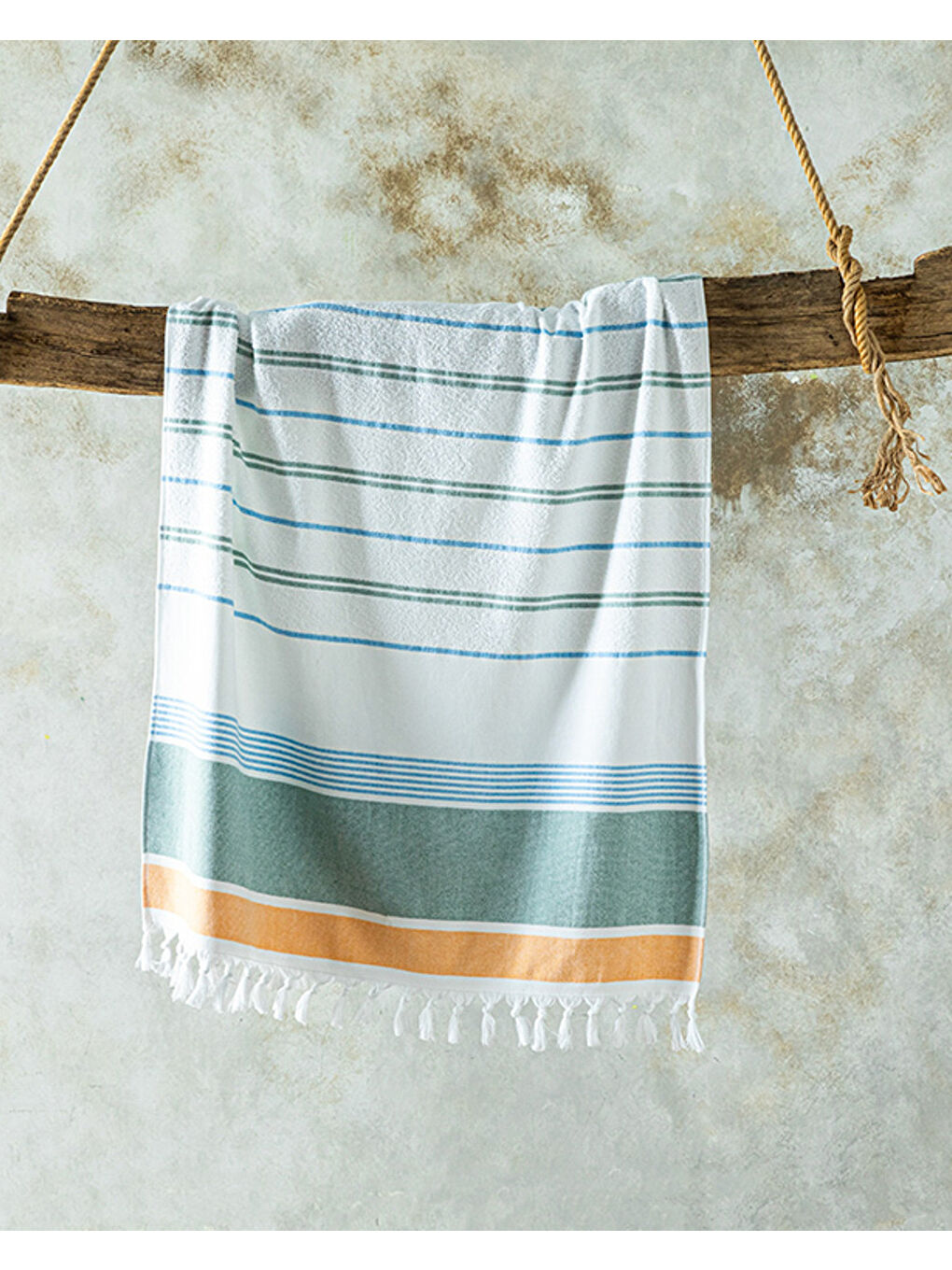 Lila Nossa Pamuklu Saçaklı Plaj Havlusu Ekru-Yeşil-Sarı