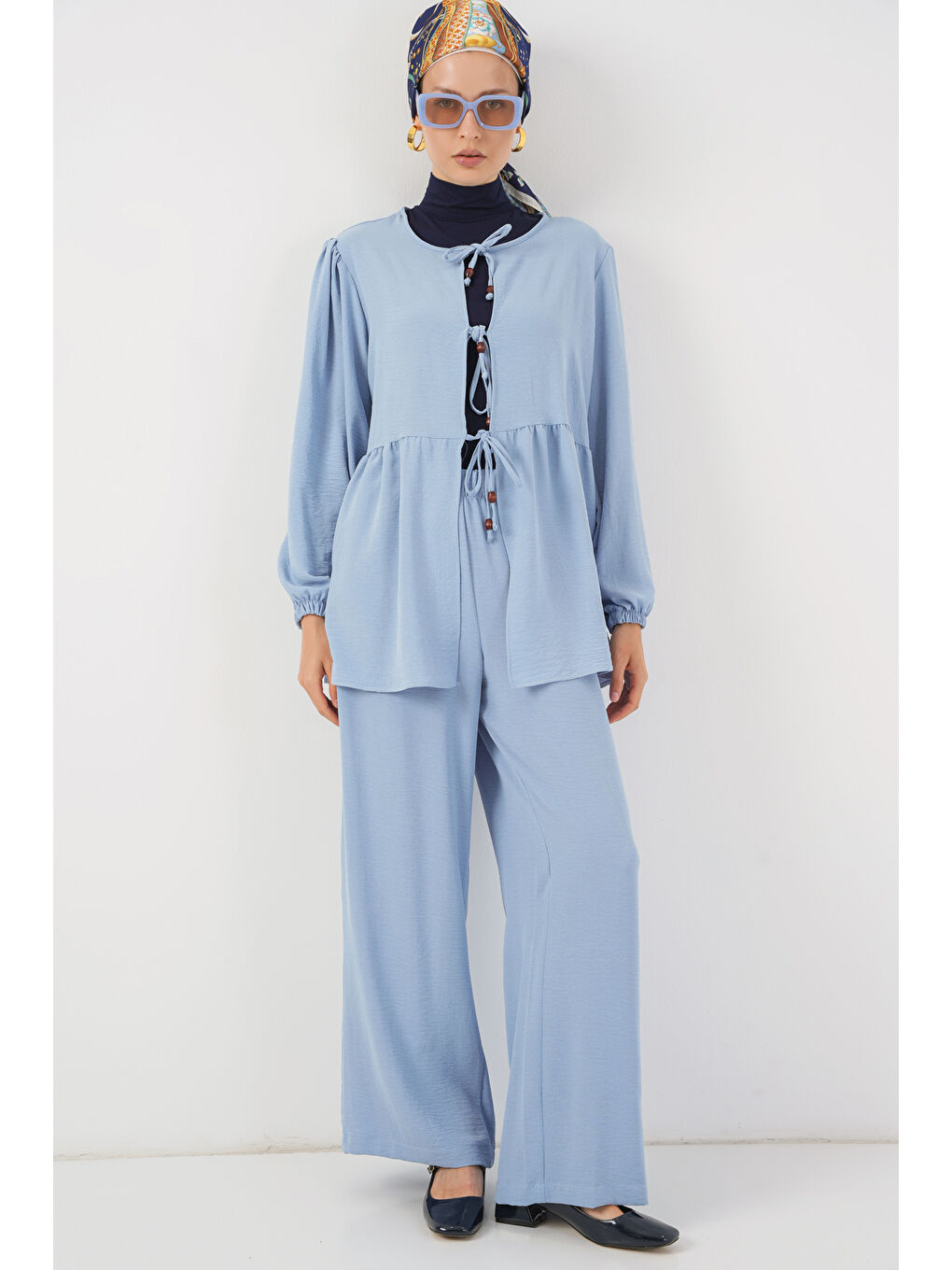 Kadın Önü Bağcıklı Tunik Pantolon İkili Takım 6744 - Mavi