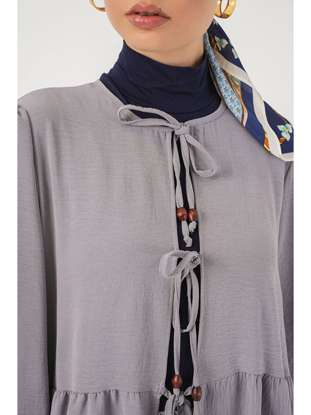 Kadın Önü Bağcıklı Tunik Pantolon İkili Takım 6744 - Gri-3