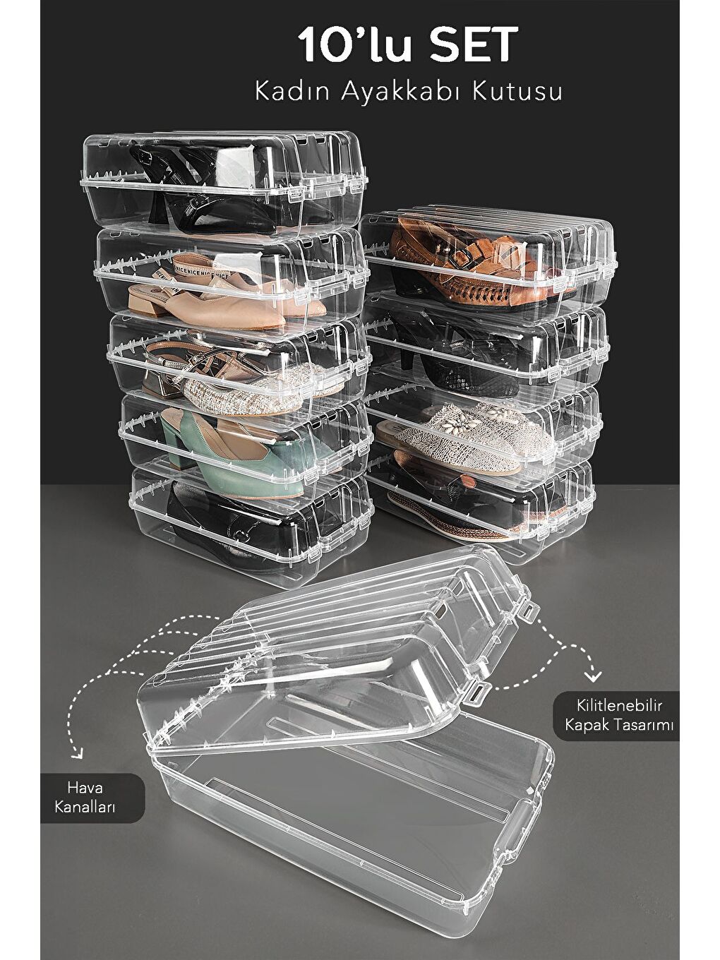 Renksiz 10 Adet Kadın Ayakkabı Kutusu Şeffaf Ayakkabı Düzenleyici Saklama Kutusu Organizer Seyahat Kutusu