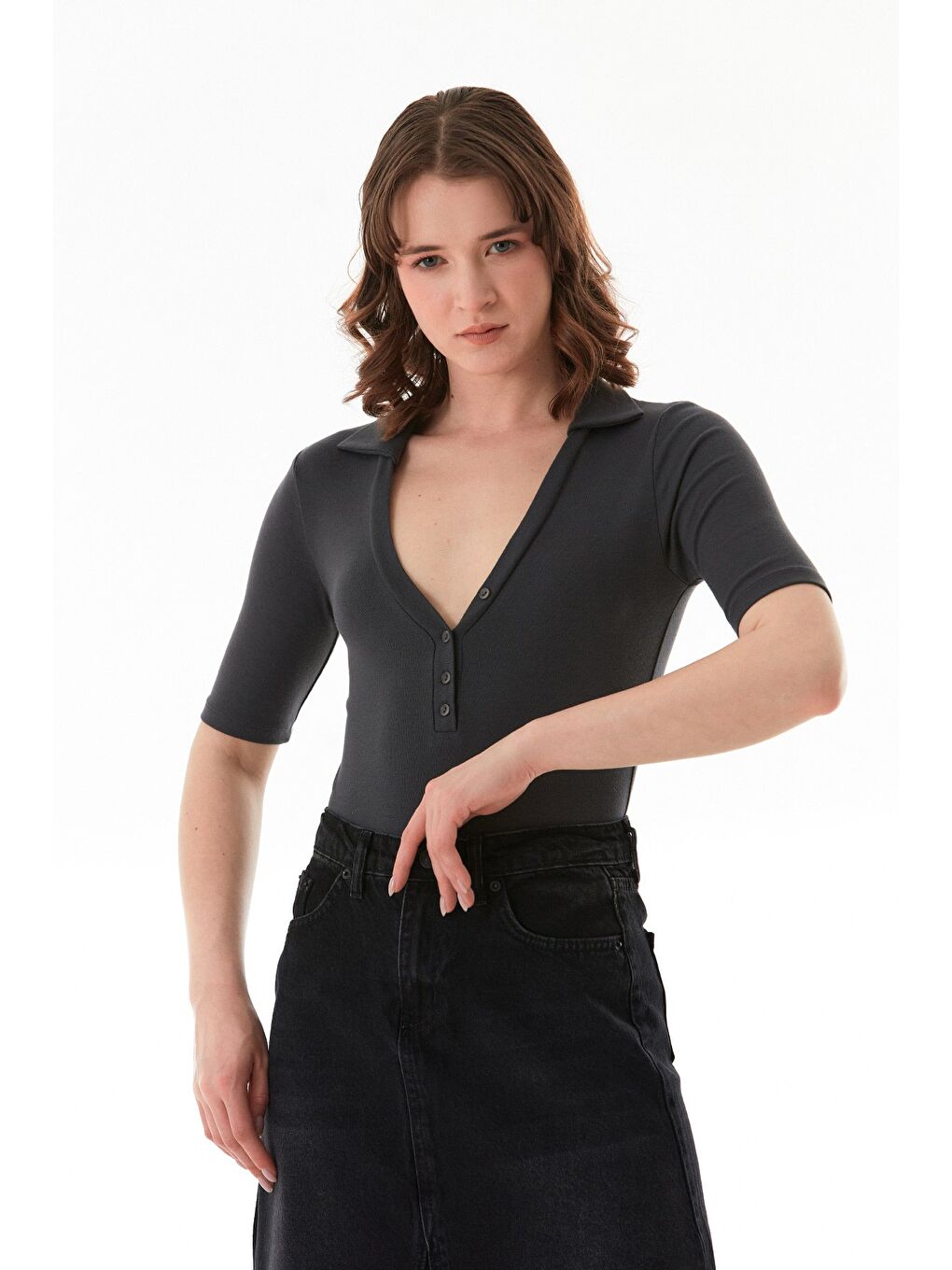 Antrasit Basic Polo Yaka Çıtçıtlı Elastanlı Modal Body