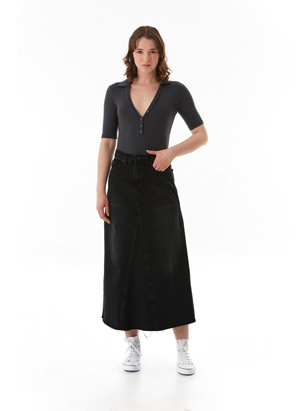 Antrasit Basic Polo Yaka Çıtçıtlı Elastanlı Modal Body-2