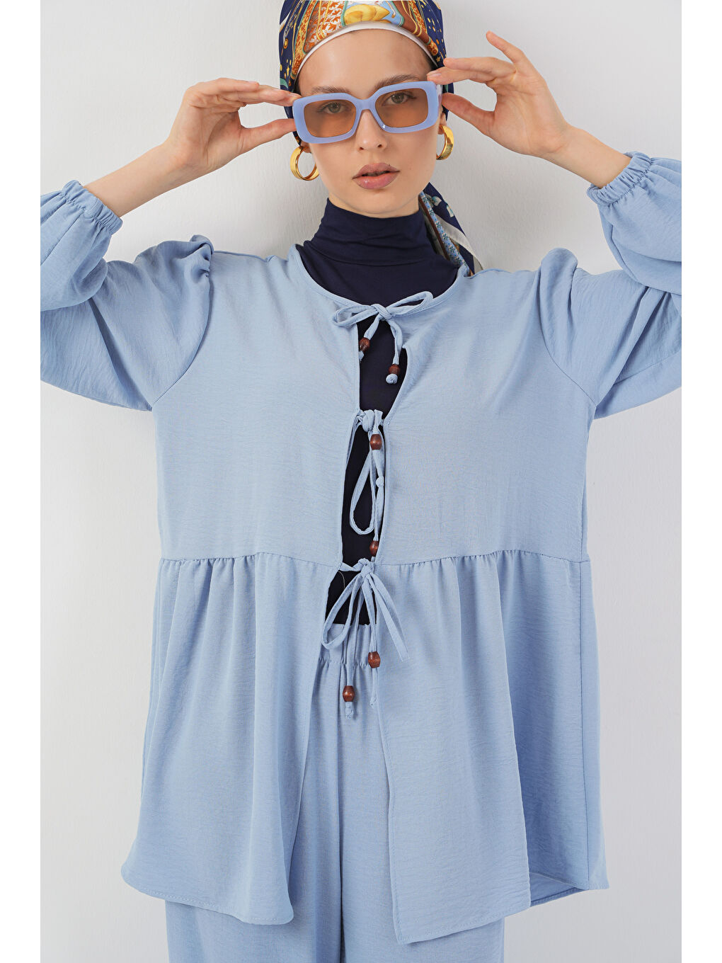 Kadın Önü Bağcıklı Tunik Pantolon İkili Takım 6744 - Mavi-1