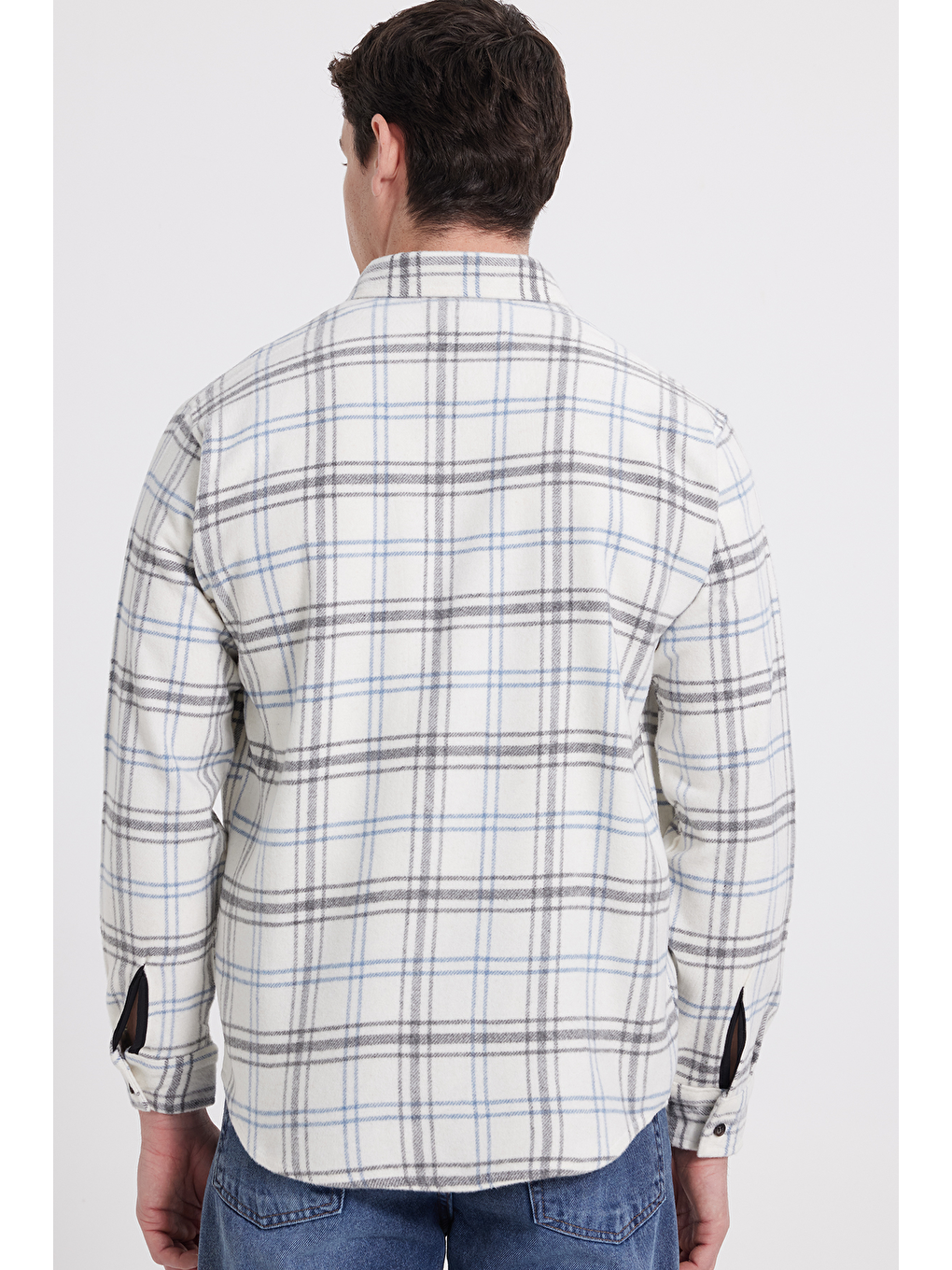 Ekru Erkek Relax Fit Rahat Kesim Kışlık Kareli Oduncu Gömlek-5