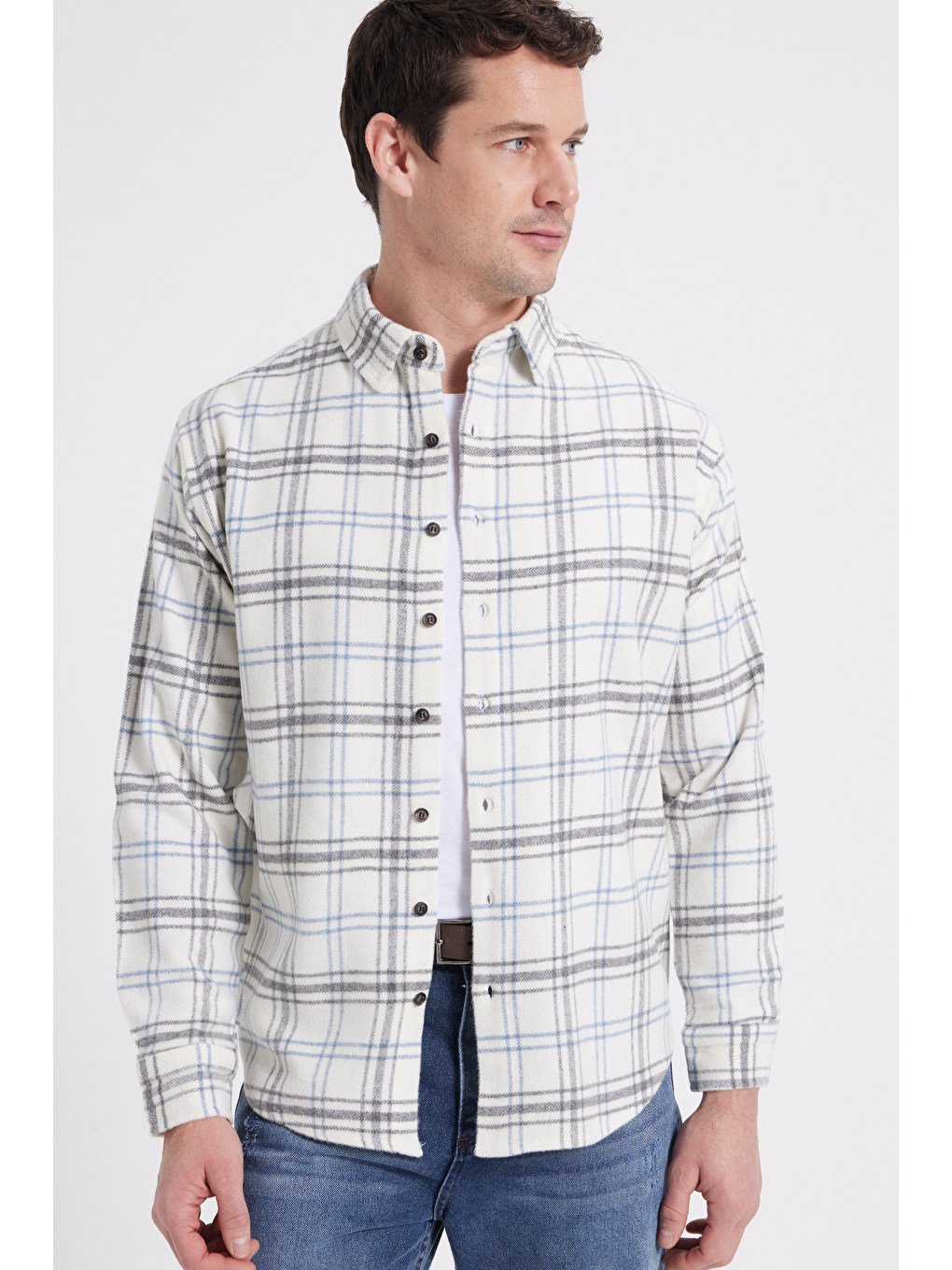 Ekru Erkek Relax Fit Rahat Kesim Kışlık Kareli Oduncu Gömlek-6