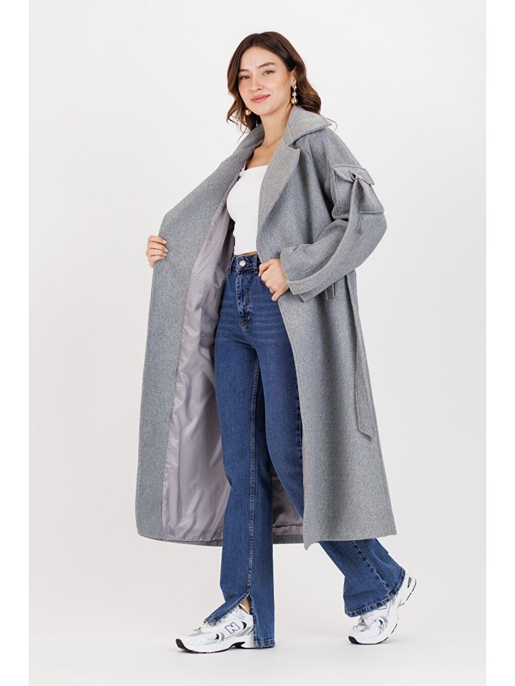 Gri Kadın Balık Sırtı Desen Kuşaklı Kaban 3221-1