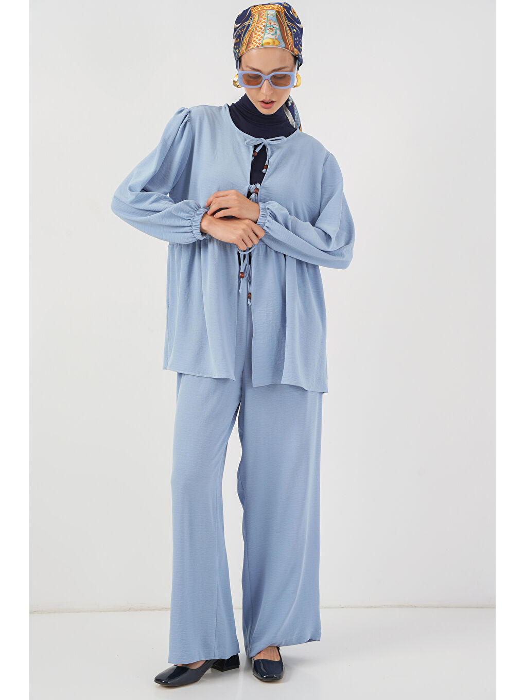 Kadın Önü Bağcıklı Tunik Pantolon İkili Takım 6744 - Mavi-2