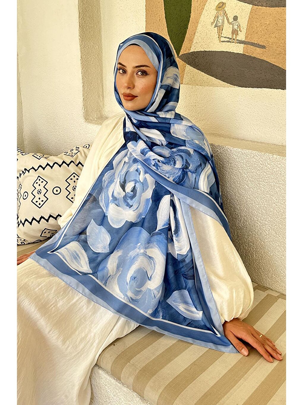 Çiçek Desen Pamuk Şal Bebe Mavisi