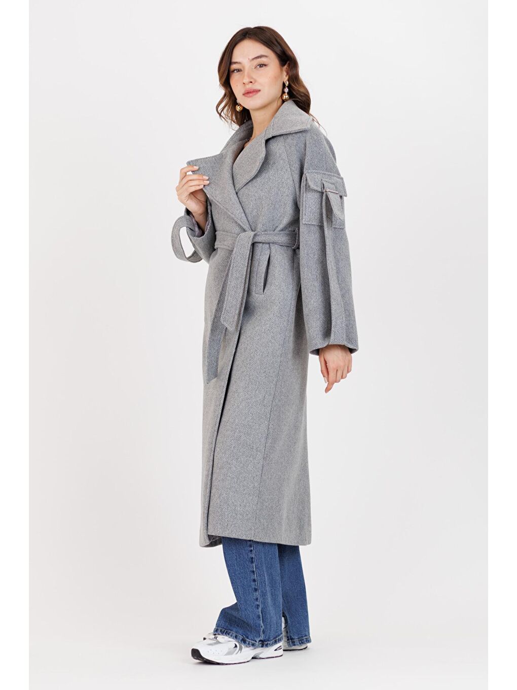 Gri Kadın Balık Sırtı Desen Kuşaklı Kaban 3221-2