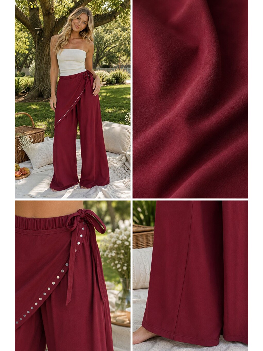 Bordo Palazzo Fular Detaylı Pantolon-3