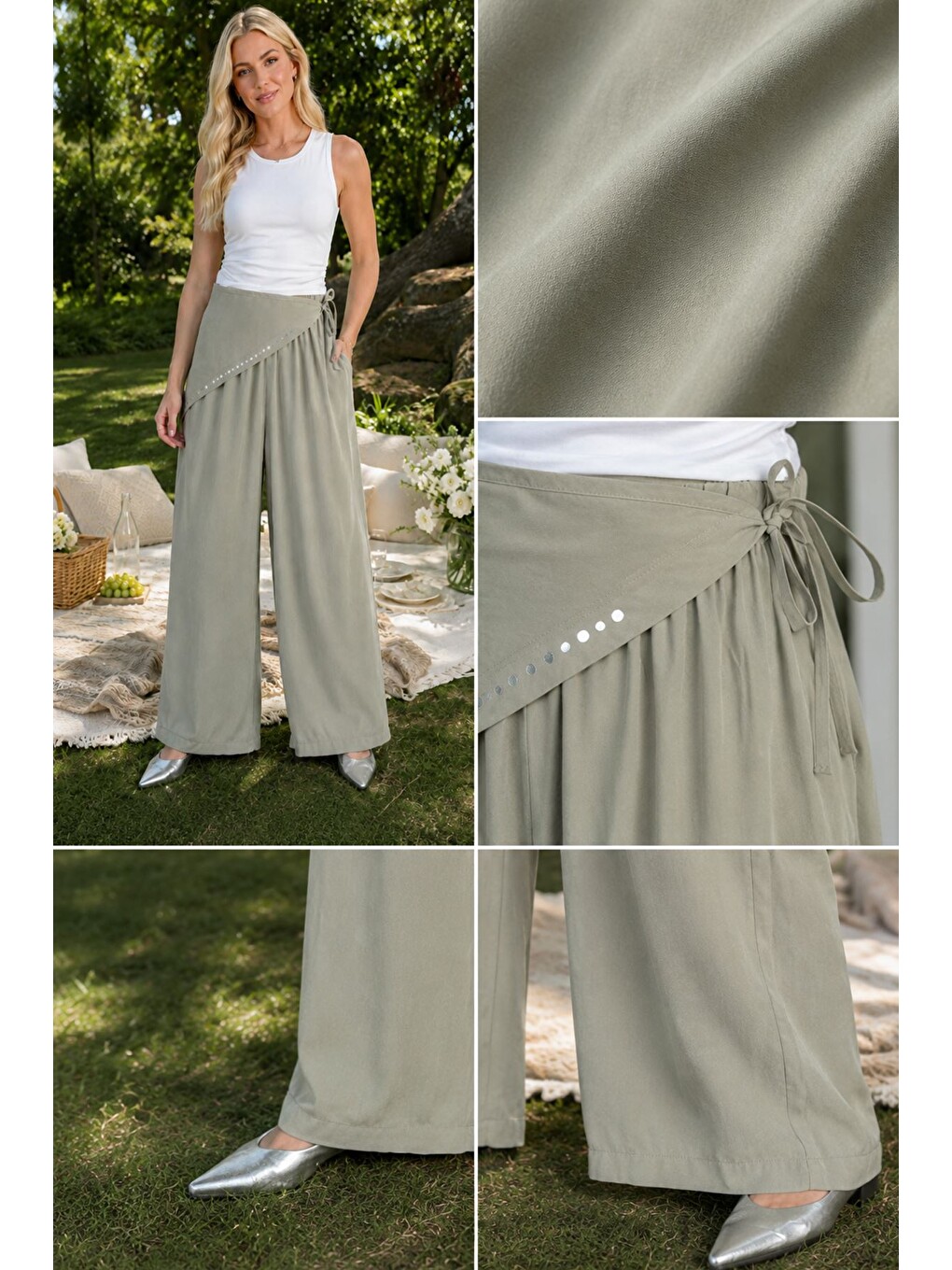 Yeşil Palazzo Fular Detaylı Pantolon-4