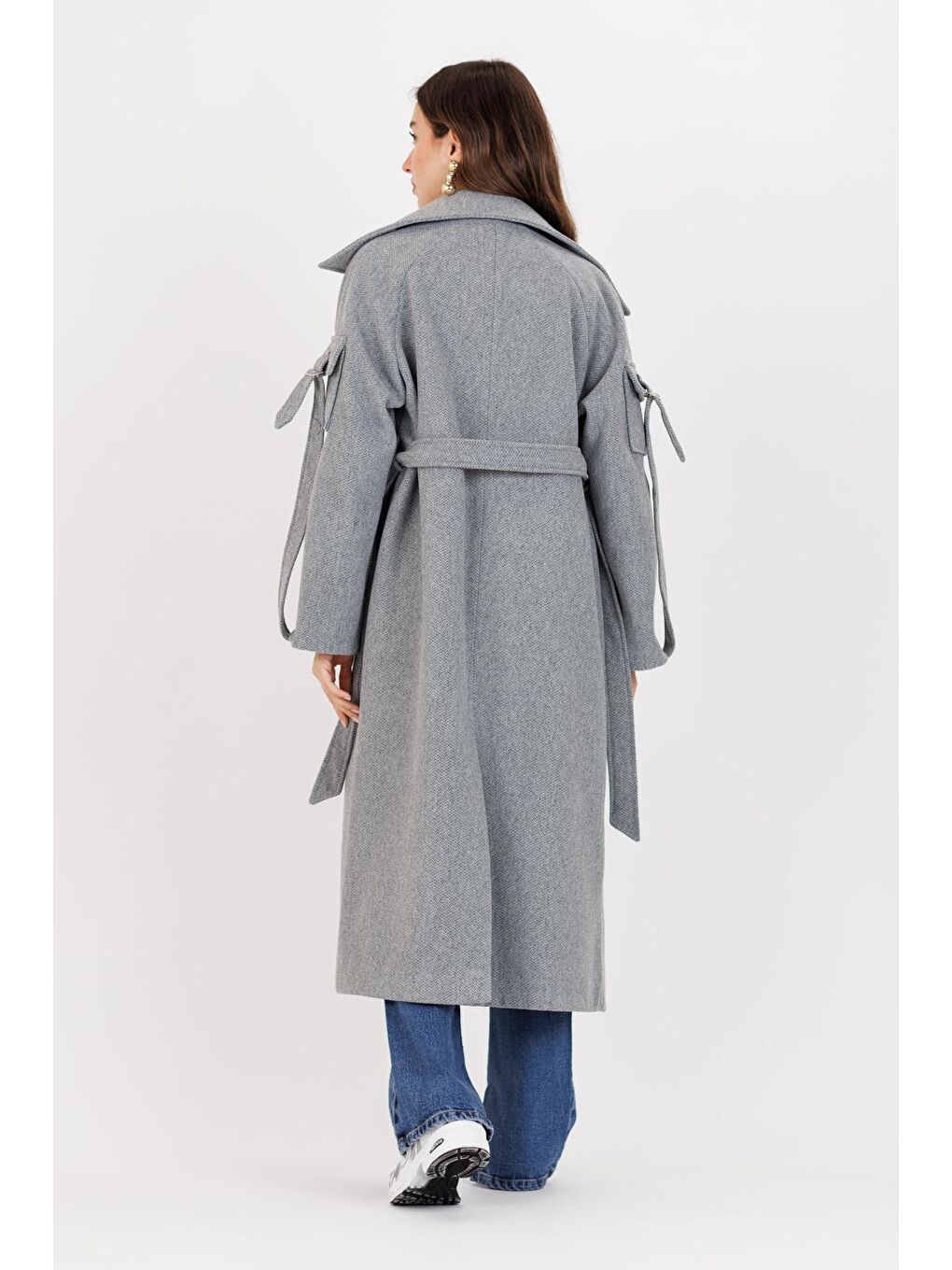 Gri Kadın Balık Sırtı Desen Kuşaklı Kaban 3221-3