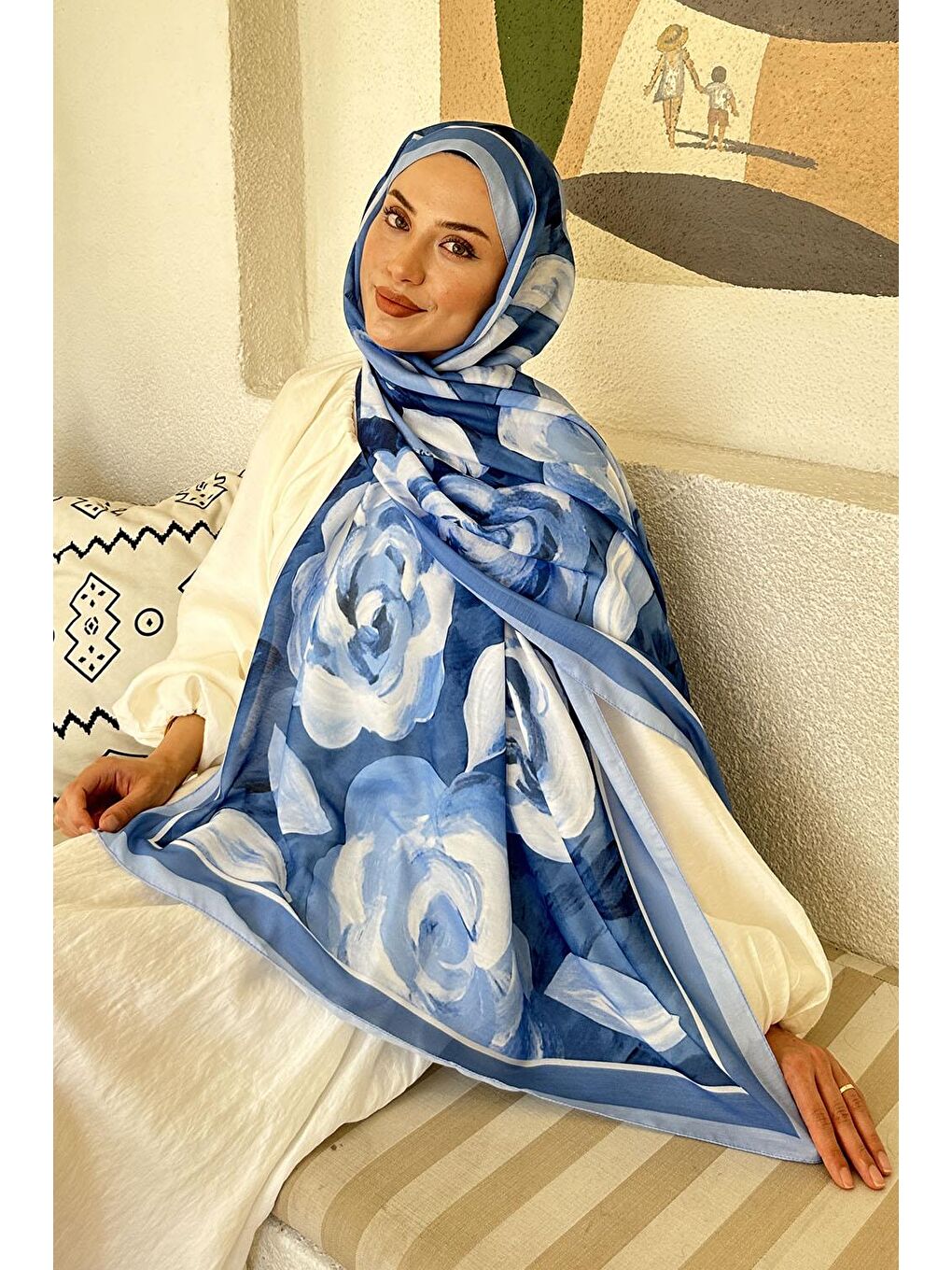 Çiçek Desen Pamuk Şal Bebe Mavisi-1