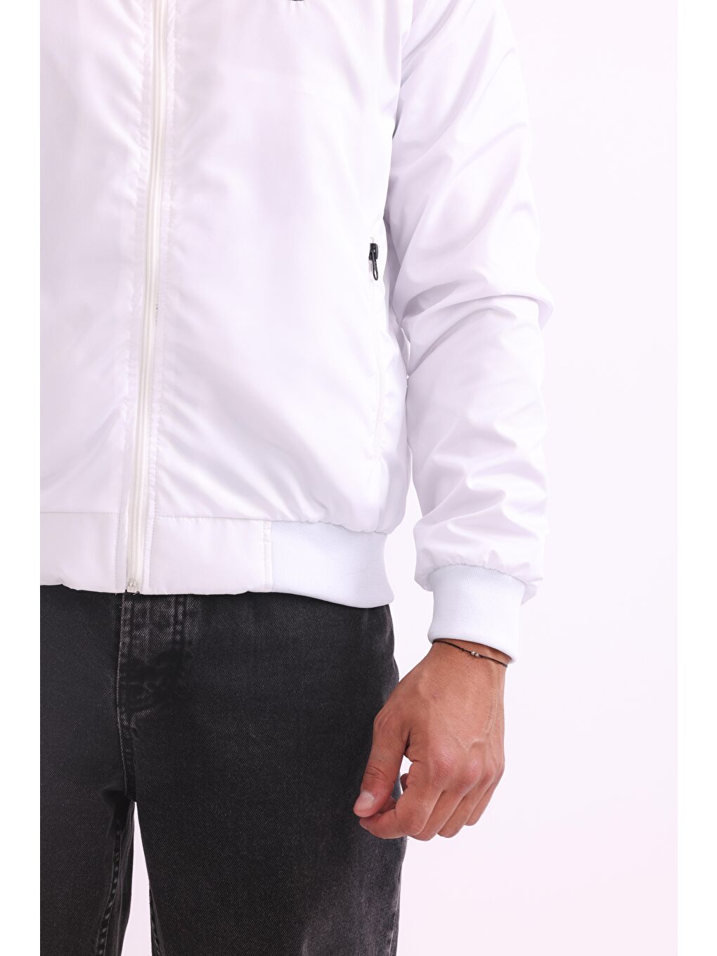 Beyaz Erkek Kolej Yaka Rüzgara Dayanıklı Mevsimlik Spor Mont M-6-2-5