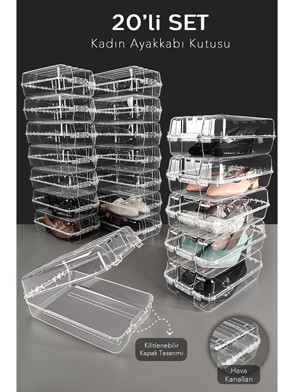 Renksiz 20 Adet Kadın Ayakkabı Kutusu Şeffaf Ayakkabı Düzenleyici Saklama Kutusu Organizer Seyahat Kutusu