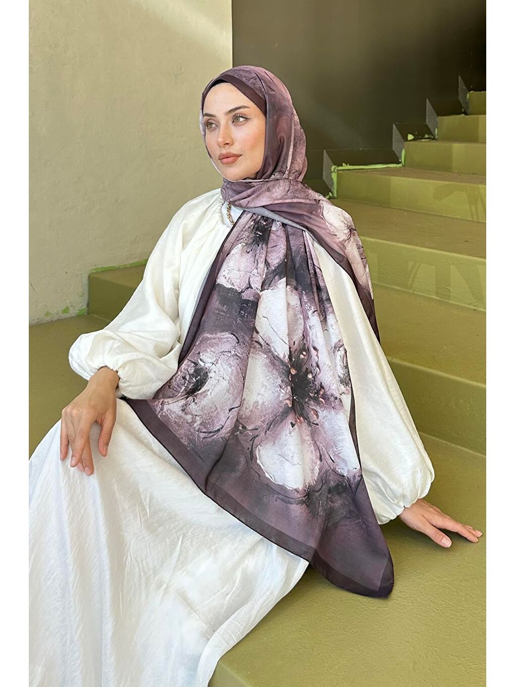 Bohem Çiçek Desen Soft Şal Acı Kahverengi-2