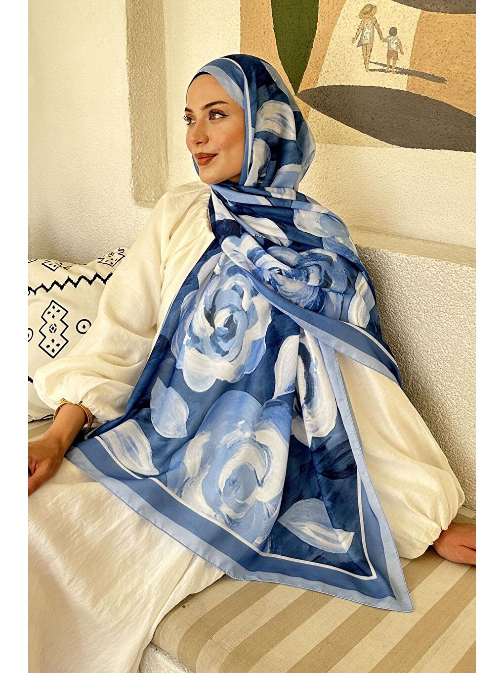 Çiçek Desen Pamuk Şal Bebe Mavisi-2