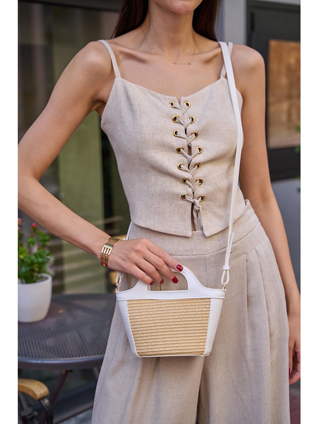 Mini Hasır Detaylı Çapraz Çanta Beyaz Hasır-1