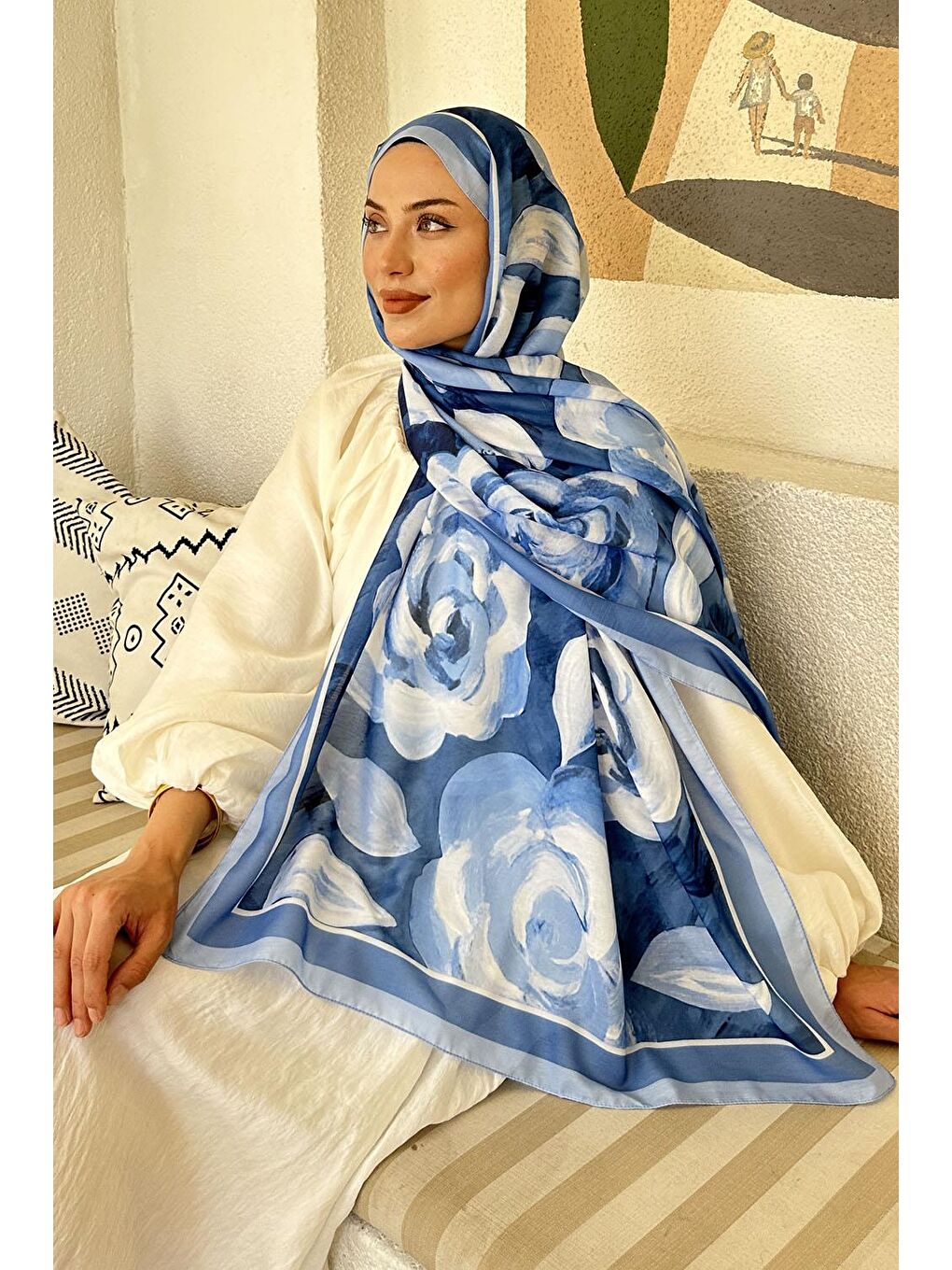 Çiçek Desen Pamuk Şal Bebe Mavisi-3