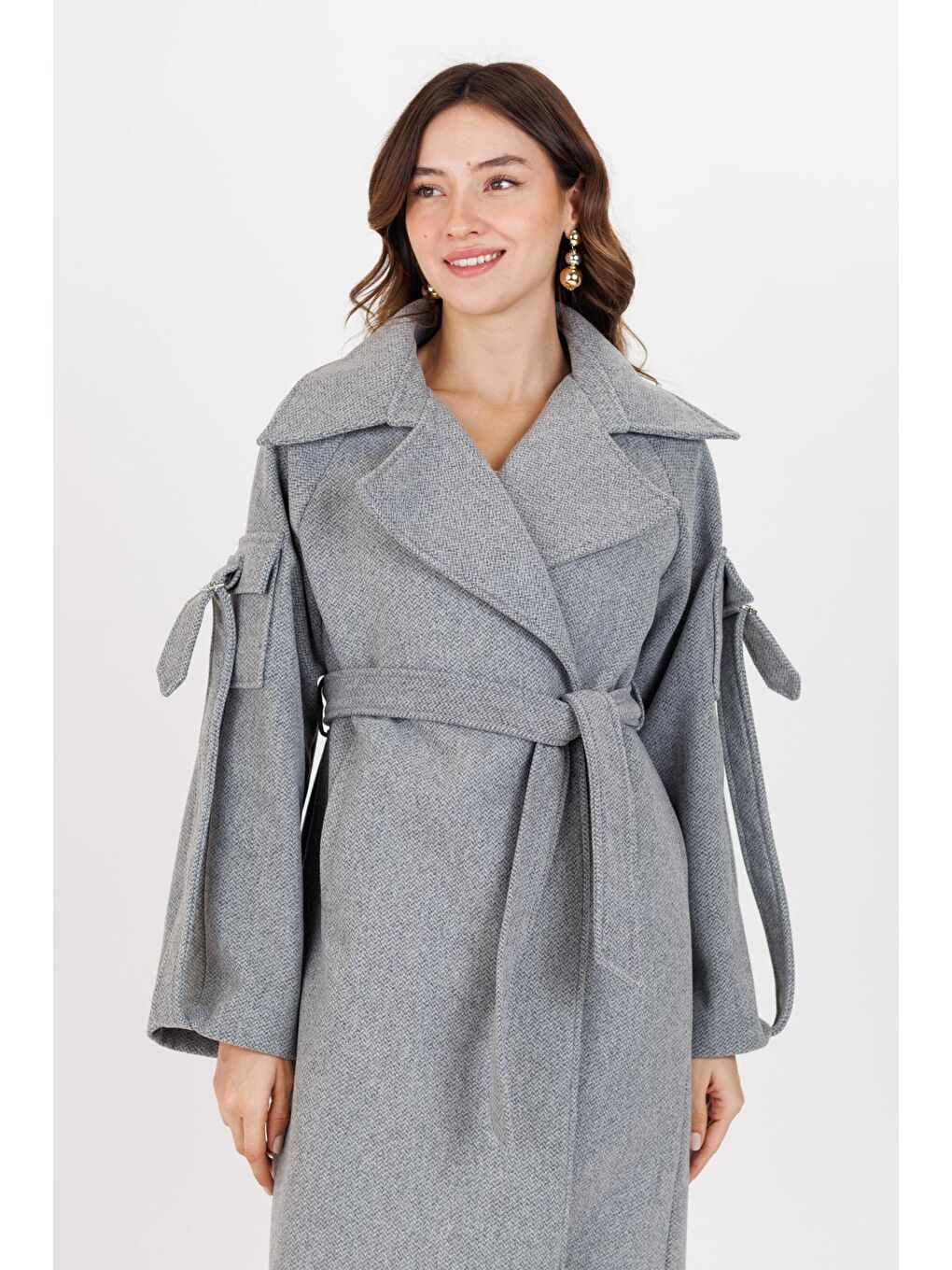 Gri Kadın Balık Sırtı Desen Kuşaklı Kaban 3221-4