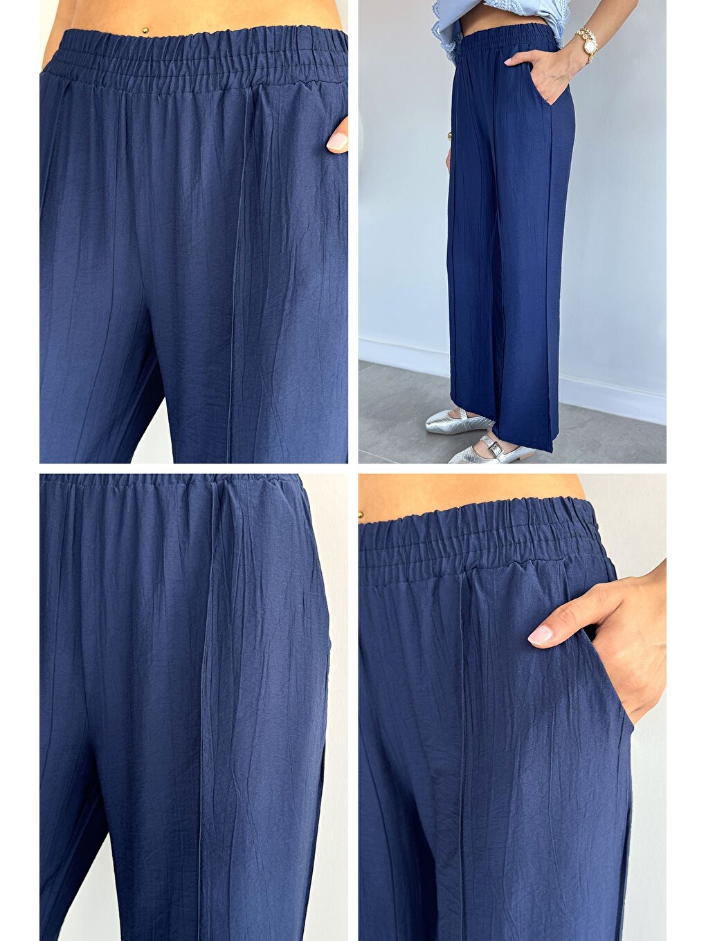 Lacivert Çimalı Bol Paça Pantolon-2
