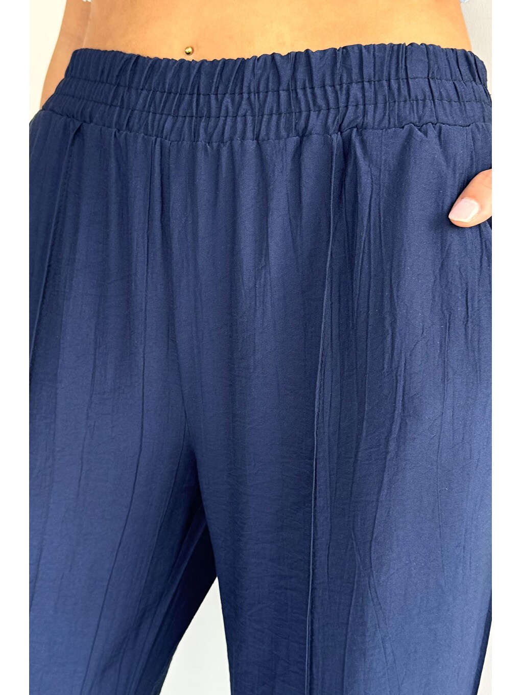 Lacivert Çimalı Bol Paça Pantolon-3