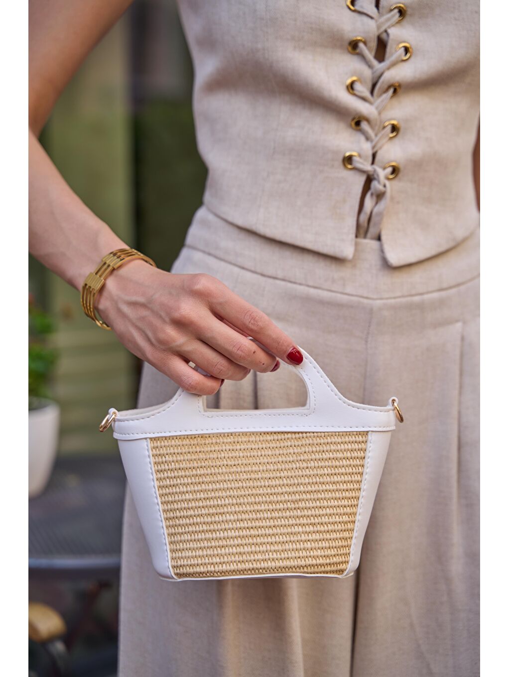 Mini Hasır Detaylı Çapraz Çanta Beyaz Hasır-3