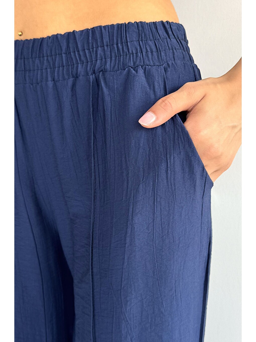 Lacivert Çimalı Bol Paça Pantolon-4