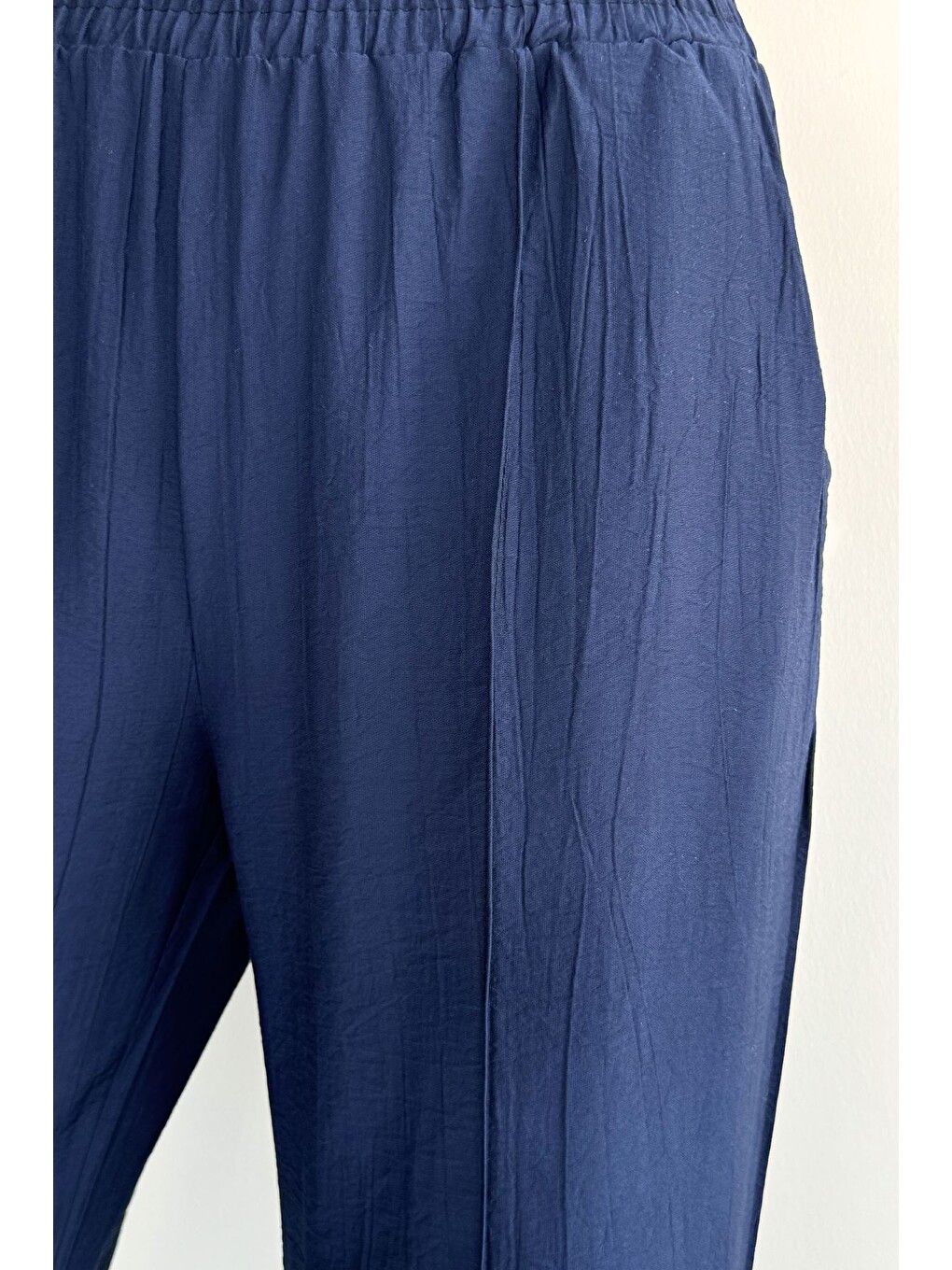 Lacivert Çimalı Bol Paça Pantolon-5