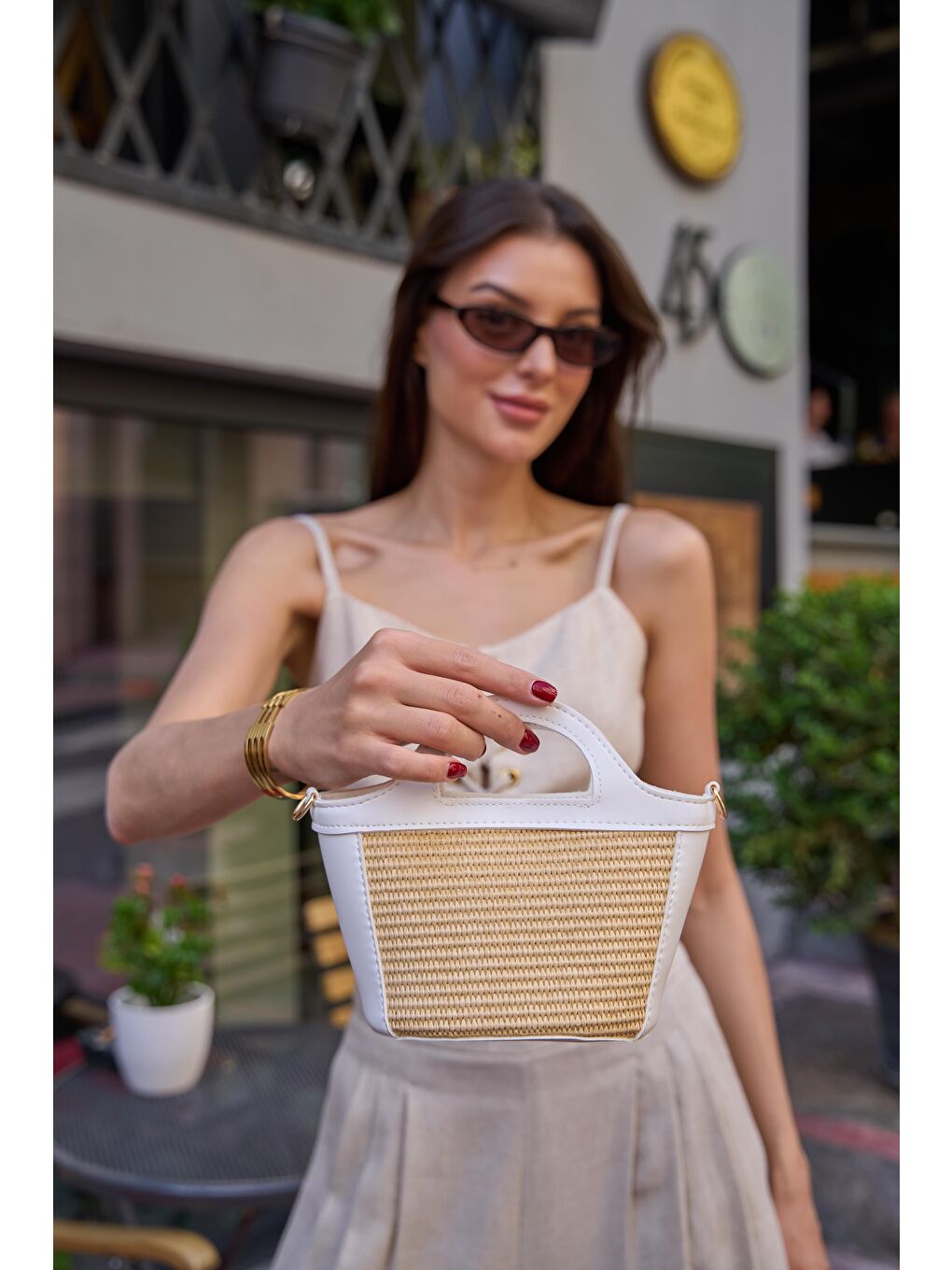 Mini Hasır Detaylı Çapraz Çanta Beyaz Hasır-4