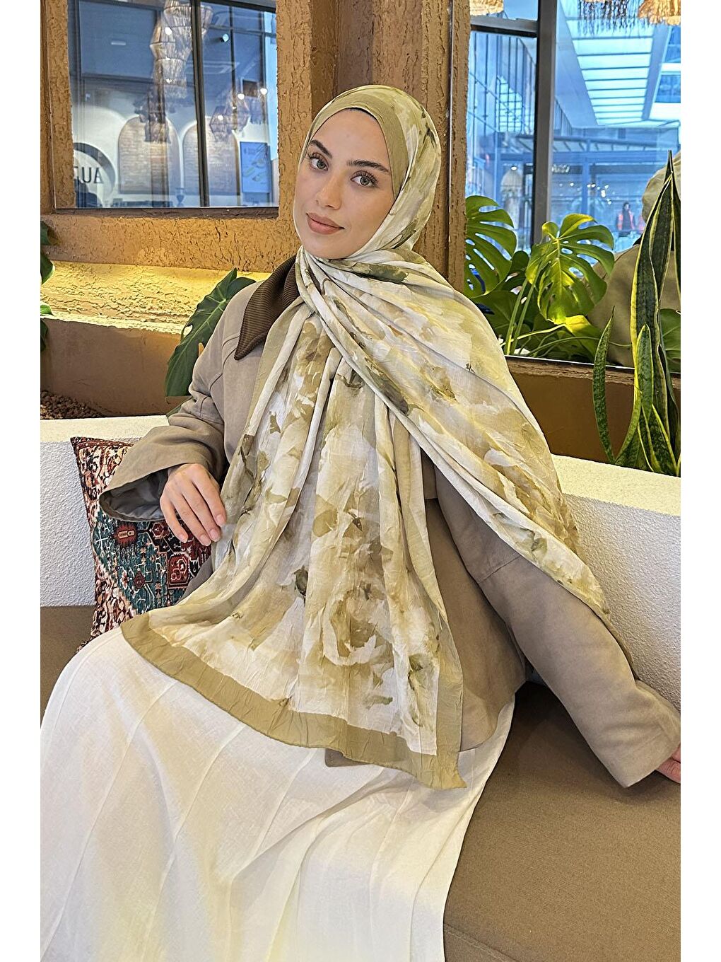 Gül Desen Bambu Şal Mint Yeşili