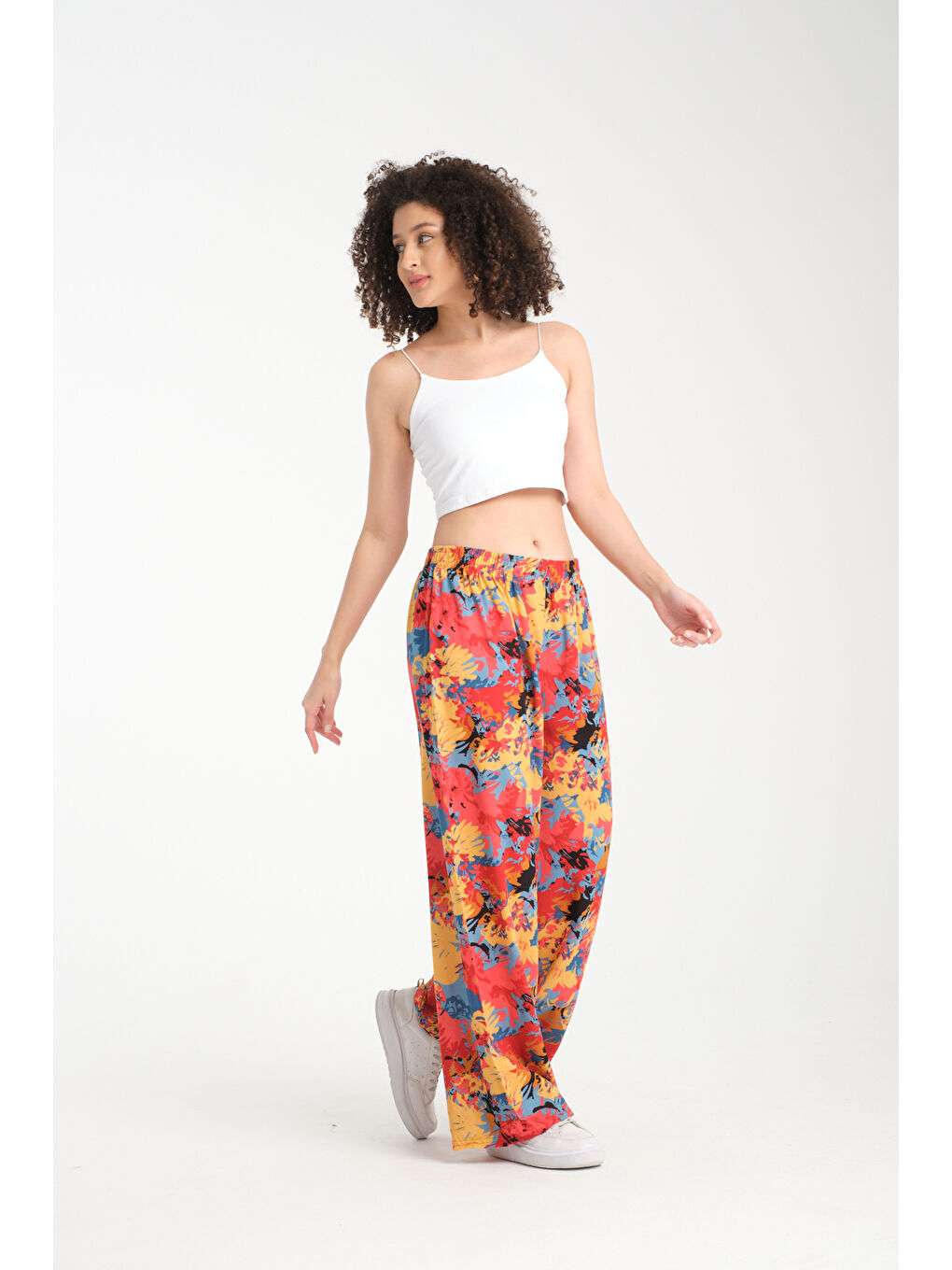 Fuşya Kadın Desenli Dökümlü Viskon Pantolon 1061-1