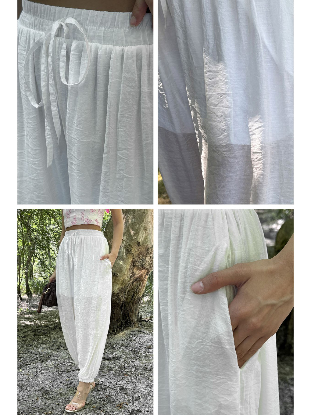 Ekru Kadın Büzgülü Şalvar Pantolon-1