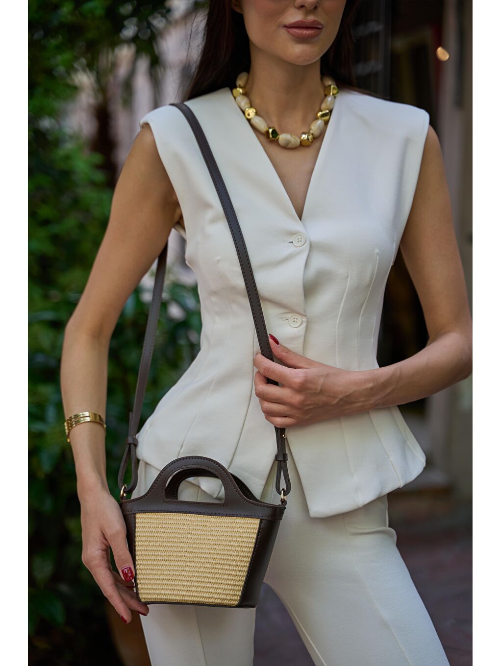 Mini Hasır Detaylı Çapraz Çanta Kahverengi Hasır